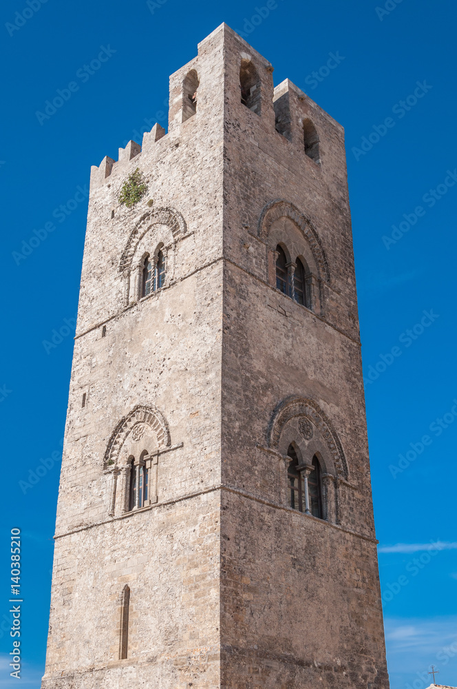 View of the Bell Tower for the Cathedral of Erice in Sicily, Italy.