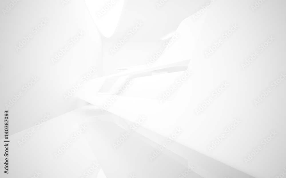Abstract interior of the future in a minimalist style with violet sculpture. Night view . Architectural background. 3D illustration and rendering Abstract interior of the future in a minimalist style with violet sculpture. Night view . Architectural background. 3D illustration and rendering