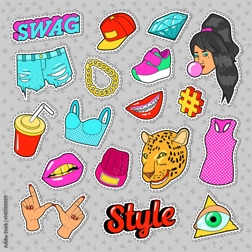 Swag Fashion Elements with Hands, Lips and Clothes for Stickers, Badges, Patches. Vector doodle