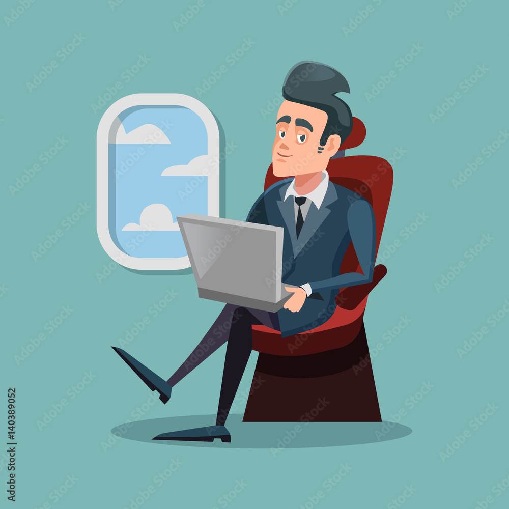 Cartoon Successful Businessman Flying in Airplane and Working with Laptop. Vector illustration Cartoon Successful Businessman Flying in Airplane and Working with Laptop. Vector illustration