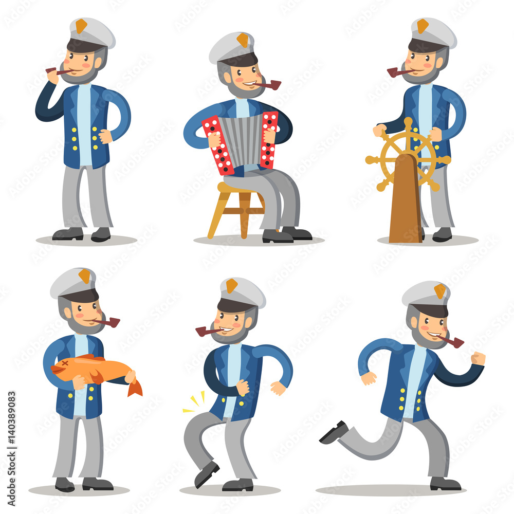 Sailor Cartoon Character Set. Old Captain in Uniform. Vector illustration