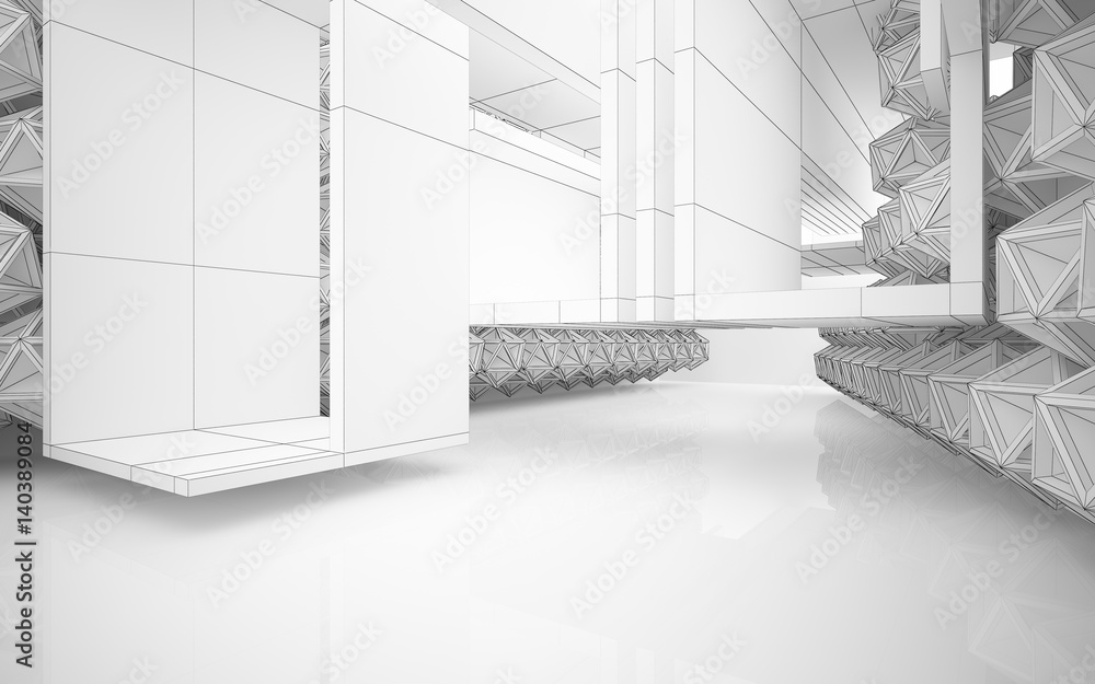 Abstract blue and black parametric interior with window. 3D illustration and rendering. Abstract blue and black parametric interior with window. 3D illustration and rendering.