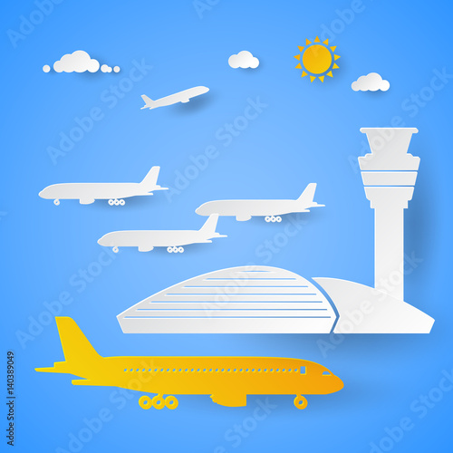 Airport Terminal with Planes. Cut Paper Vector Illustration