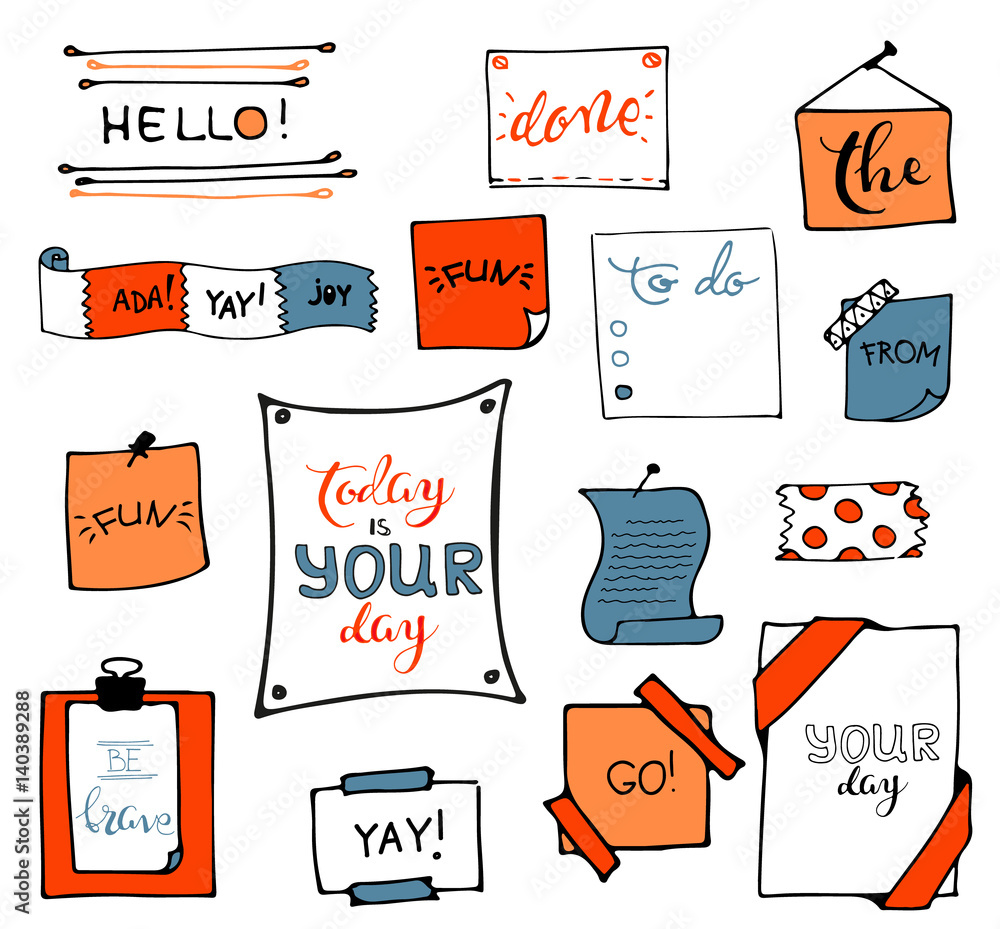 Naklejka premium Set of hand drawn paper notes, lists, frames in vector. Set of hand drawn isolated doodle notepaper for messages. Collection of colorful elements in cartoon style. Isolated. Outline. Office supplies