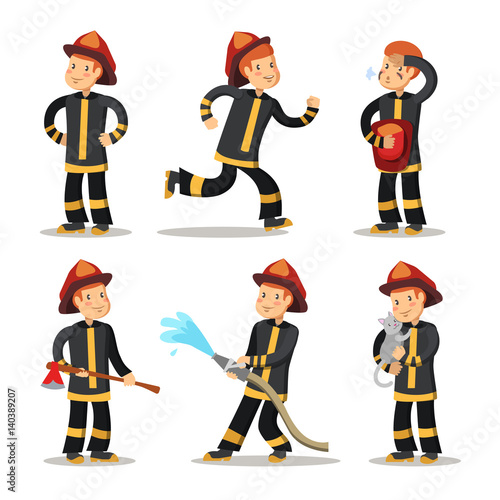 Fireman Cartoon Character Set. Firefighter with Hose. Vector illustration