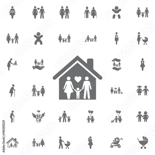 traditional family mom dad boy girl safe at home in their house. Set of family icons