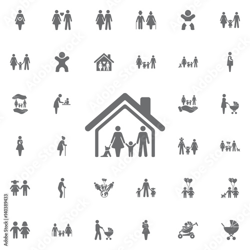traditional family mom dad boy girl and dog safe at home in their house. Set of family icons