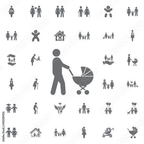 Father with baby carriage vector icon. Set of family icons