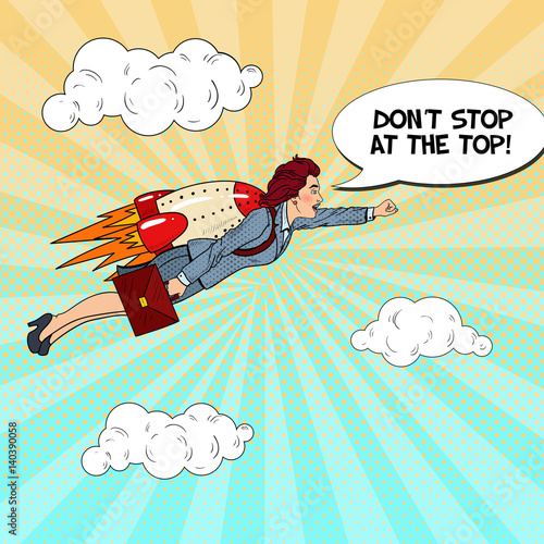 Pop Art Successful Business Woman Flying on Rocket. Creative Start Up Concept. Vector illustration
