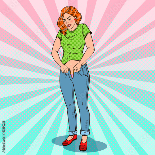 Pop Art Overweight Woman Trying to Fasten To Small Jeans. Vector illustration