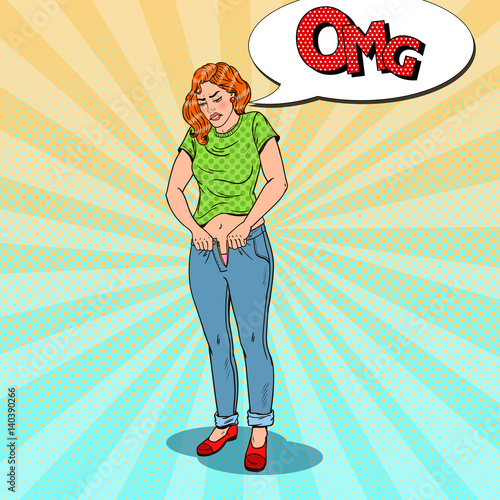 Pop Art Overweight Woman Trying to Fasten To Small Trousers. Vector illustration