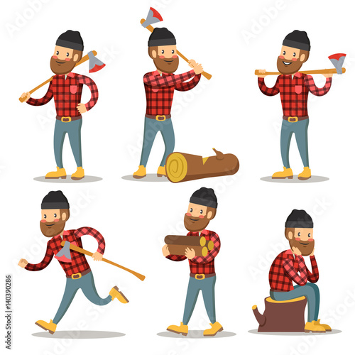 Lumberjack Cartoon Character Set. Woodcutter with Axe. Vector illustration