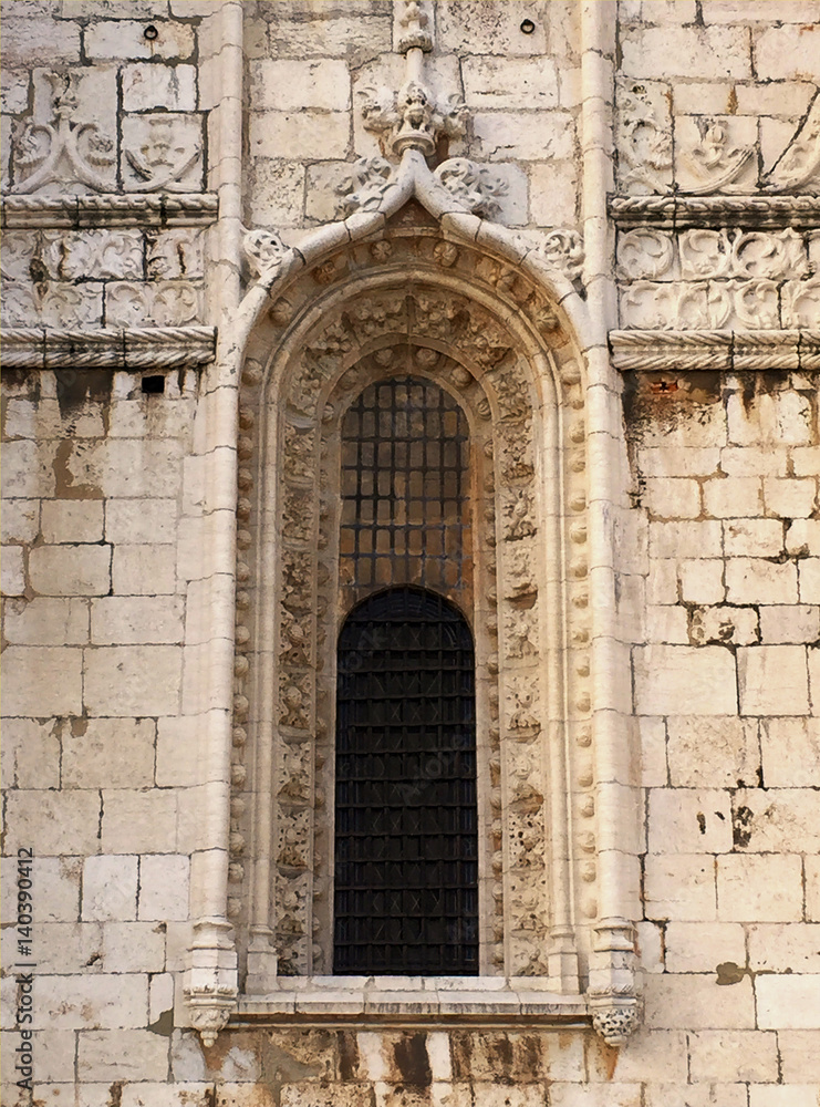 Old gothic church window in  Lisbon in Portugal in a stone wall.