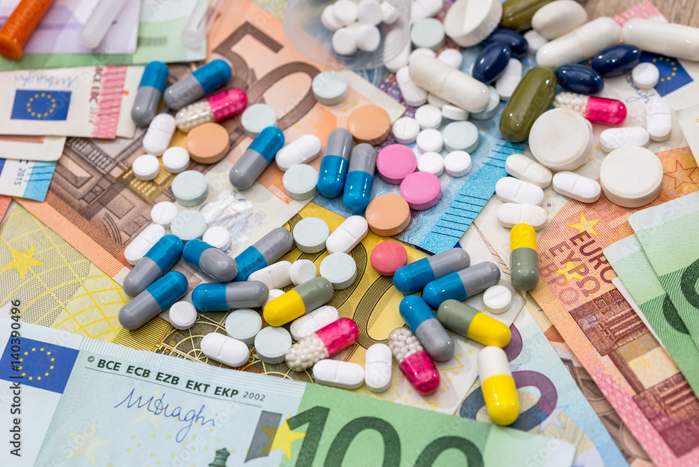 Health insurance concept - pills and euros bills. Health insurance concept - pills and euros bills.