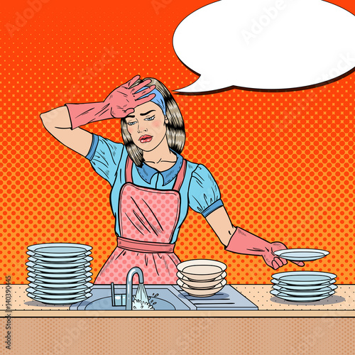 Pop Art Bored Woman Washing Dishes at the Kitchen. Vector illustration