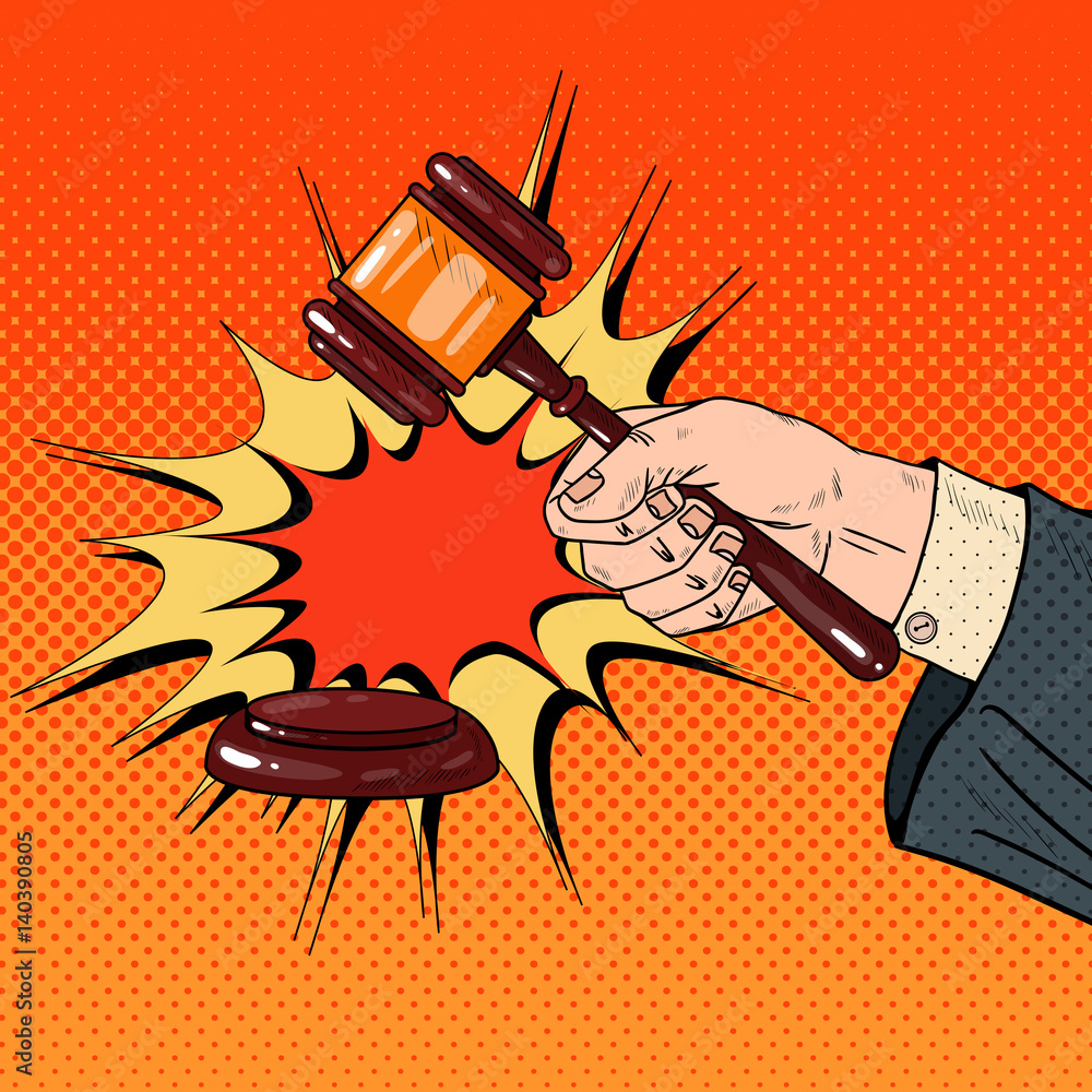 Pop Art Judge Hand Hitting Wooden Gavel in a Courtroom. Vector