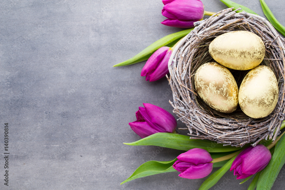 Spring greeting card. Easter eggs in the nest. Spring flowers tulips. Spring greeting card. Easter eggs in the nest. Spring flowers tulips.