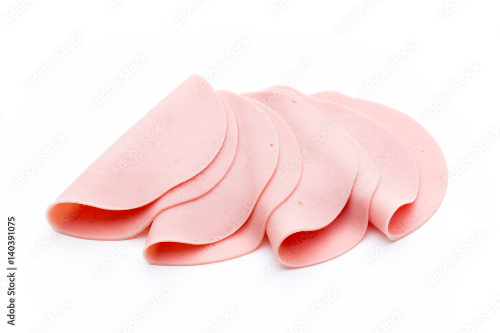 Sliced boiled ham sausage isolated on white background, top view Sliced boiled ham sausage isolated on white background, top view