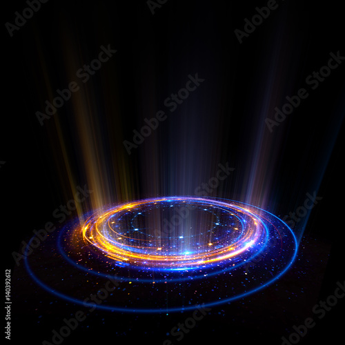 Empty podium. Disco club. Rays view. Show magic party. Spot fog lamp. Glint check scene. Bright space. Stand round. Vivid stage. Whirlpool spiral backdrop. Exhibition platform. Glare bright tape.