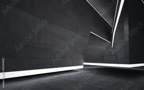 Empty dark abstract brown concrete room smooth interior. Architectural background. Night view of the illuminated. 3D illustration and rendering