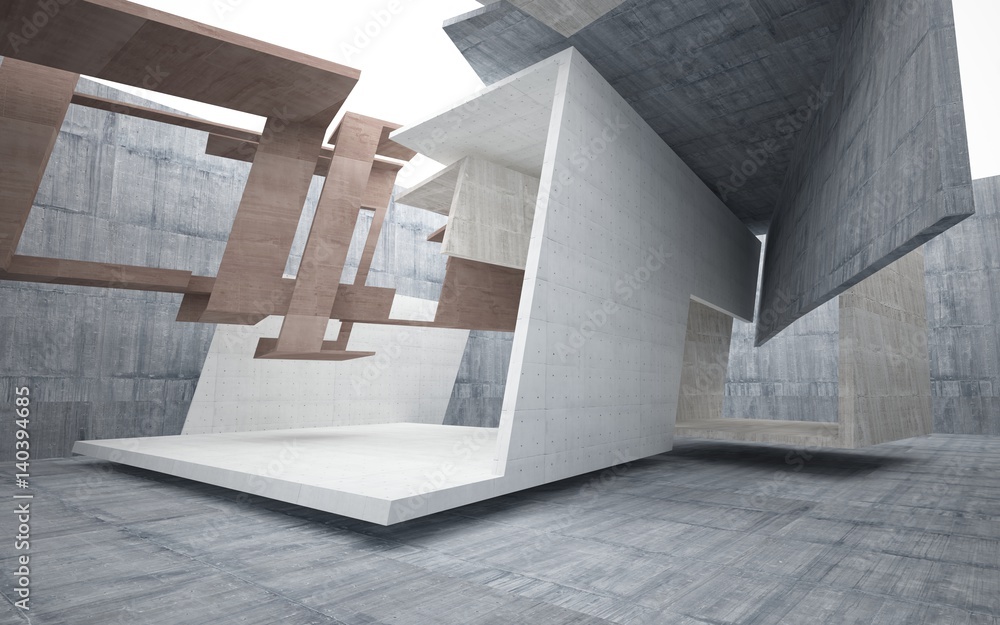 Empty dark abstract brown concrete room smooth interior. Architectural background. Night view of the illuminated. 3D illustration and rendering
