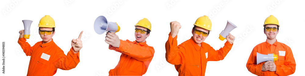 Builder with loudspeaker isolated on white Builder with loudspeaker isolated on white