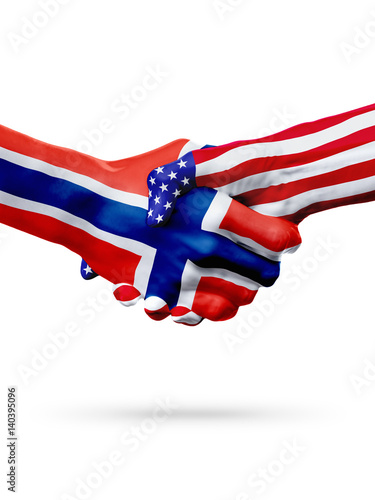 Flags Norway and United States countries, overprinted handshake. photo