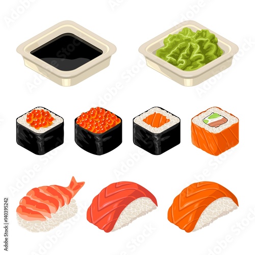 Set Sushi roll, wasabi and soy sause . Isolated on white background.