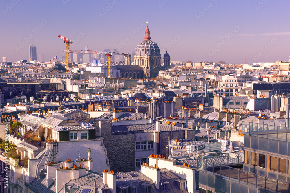 Aerial view of the city rooftops of Paris France