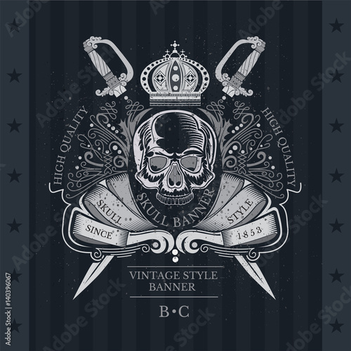 Skull front view without lower jaw in center floral line pattern and winding ribbon with cross sabers behind. Heraldic vintage label on blackboard