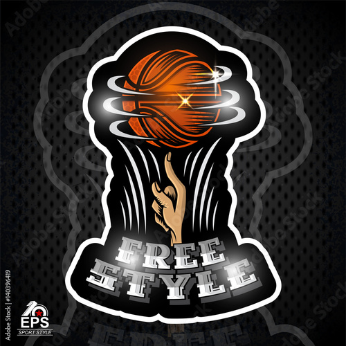 Basketball ball revolve on a finger. Sport logo for street ball