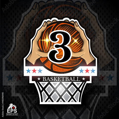 Two hands hold basketball ball with number 3 above basket. Sport logo for any team or competition