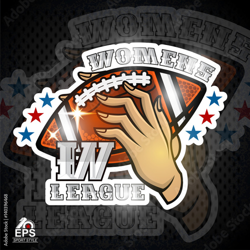 Two lady hands hold american football ball with letter W. Sport logo for any woman team or competition