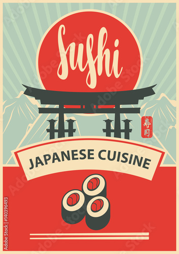 Vector banner with inscription Sushi, pictures sushi, itsukushima shrine gate, mountains and chopsticks. Hieroglyph Sushi
