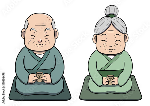 Japanese Old Couple Appreciating Tea