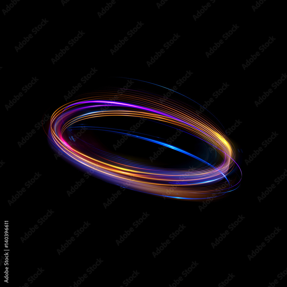 Glow effect. Ribbon glint. Abstract rotational border lines. Power energy. LED glare tape. Luminous shining neon lights cosmic abstract frame. Magic design round whirl. Swirl trail effect.