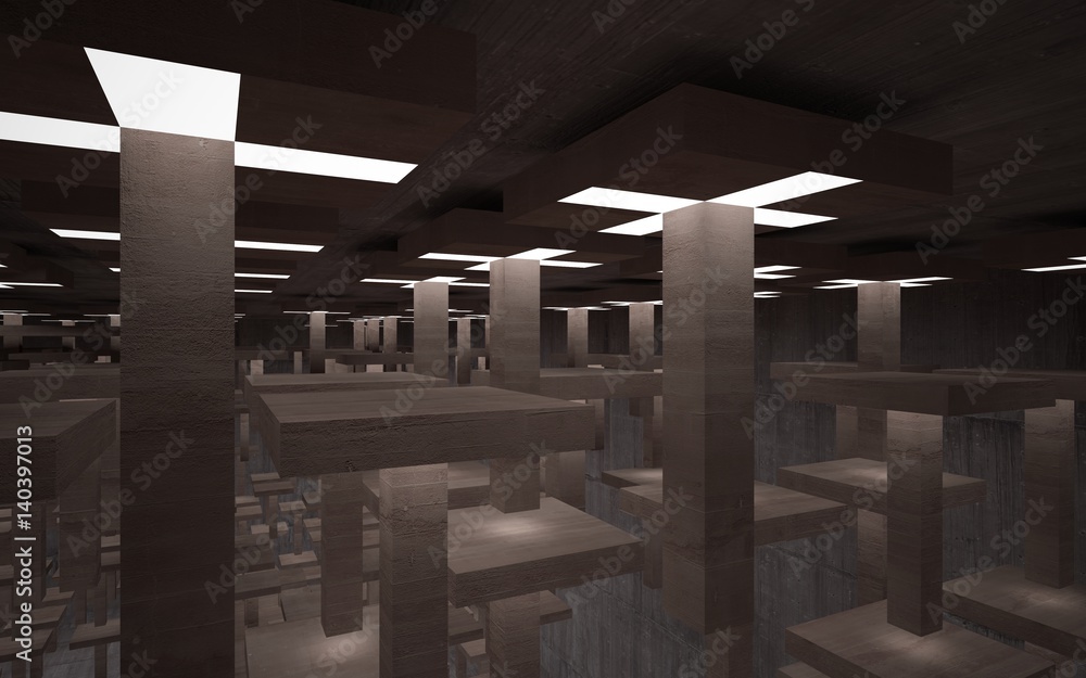 Abstract interior of the future in a minimalist style with violet sculpture. Night view from the backligh. Architectural background. 3D illustration and rendering Abstract interior of the future in a minimalist style with violet sculpture. Night view from the backligh. Architectural background. 3D illustration and rendering