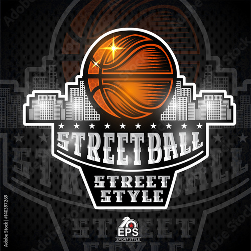Bsketball ball with city behind. Sport logo for any streetball team or competition