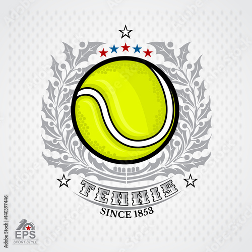 Tennis ball in center of silver laurel wreath on light background. Sport logo for any team photo