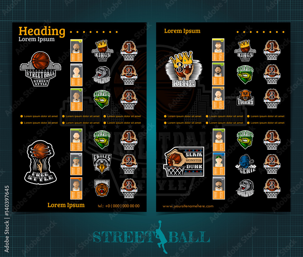 Naklejka premium Two sided basketball brochure or flyer, street ball competition template design with logos teams and winners . Mock-up cover vector sport style