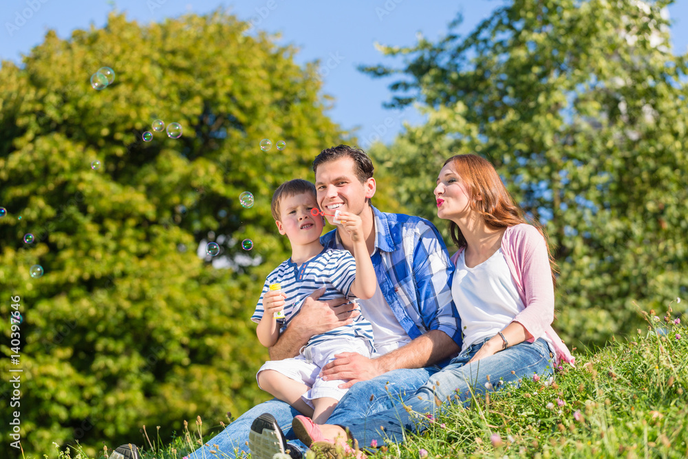 Family sitting on meadow playing with soap bubbles Family sitting on meadow playing with soap bubbles