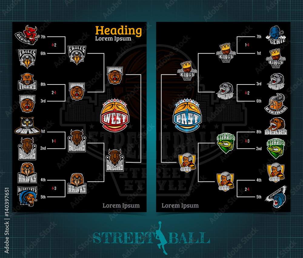 Two sided basketball brochure or flyer, street ball playoff template design  with bracket tournament. Mock-up cover vector sport style Stock Vector |  Adobe Stock
