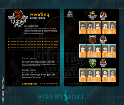 Two sided basketball brochure or flyer, street ball template design with teams players and logo . Mock-up cover vector sport style
