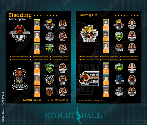 Two sided basketball brochure or flyer, street ball competition template design with logos teams and winners . Mock-up cover vector sport style