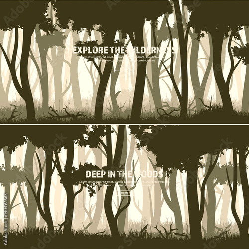 Trees set. Wild pine forest, nature background. Wood.Vector illustration.Banner. Dark green tree. Landscape.Grass,meadow.