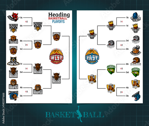 Two sided basketball brochure or flyer, street ball playoff template design with bracket tournament on white. Mock-up cover vector sport style