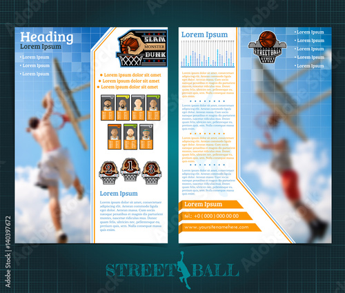 Two sided basketball brochure or flyer, street ball slam dunk competition template design with players and prize place. Mock-up cover vector sport style