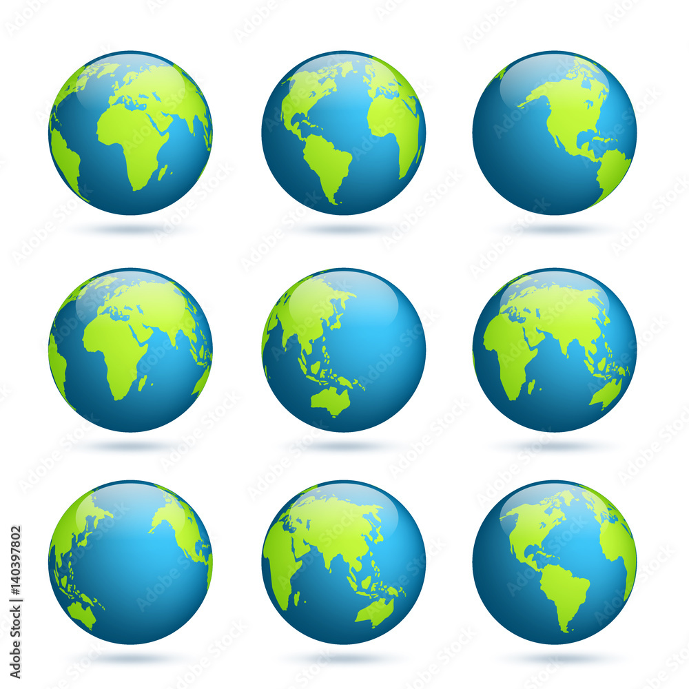 Earth globe. World map set. Planet with continents.Africa Asia, Australia, Europe, North America and South America. Earth globe. World map set. Planet with continents.Africa Asia, Australia, Europe, North America and South America.