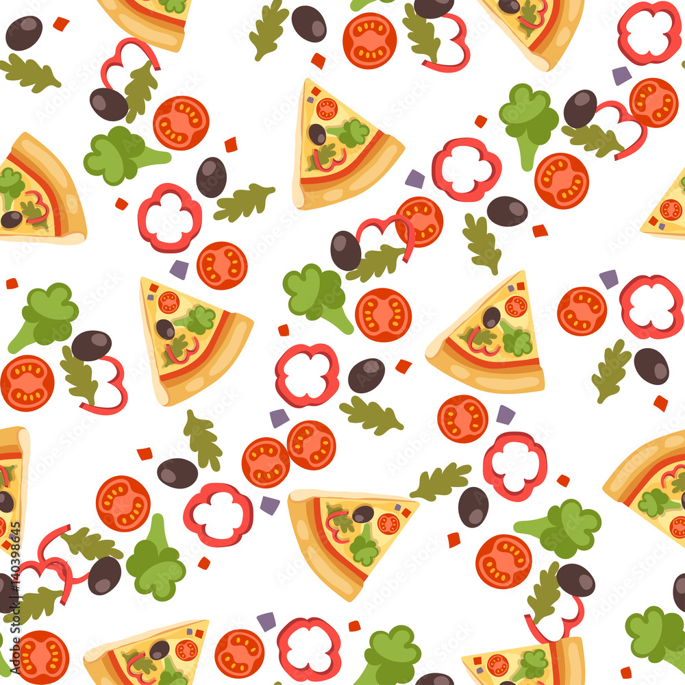 Pizza seamless pattern vector illustration piece slice pizzeria food menu snack on white background ingredient deliver italian cheese restaurant Pizza seamless pattern vector illustration piece slice pizzeria food menu snack on white background ingredient deliver italian cheese restaurant