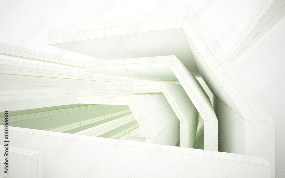 Obraz premium Abstract white interior highlights future. Polygon green drawing. Architectural background. 3D illustration and rendering